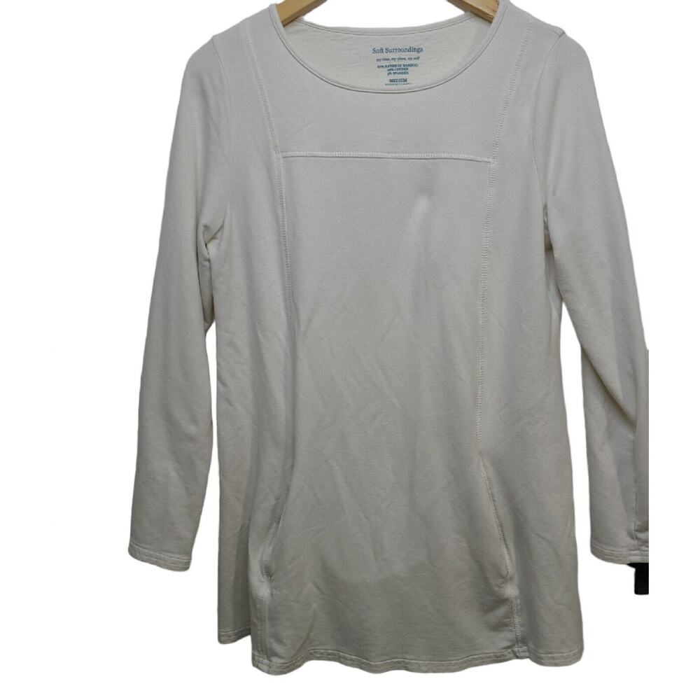 Soft Surroundings Womens SZ Med White Long Sleeve Pullover Top w Front Pockets